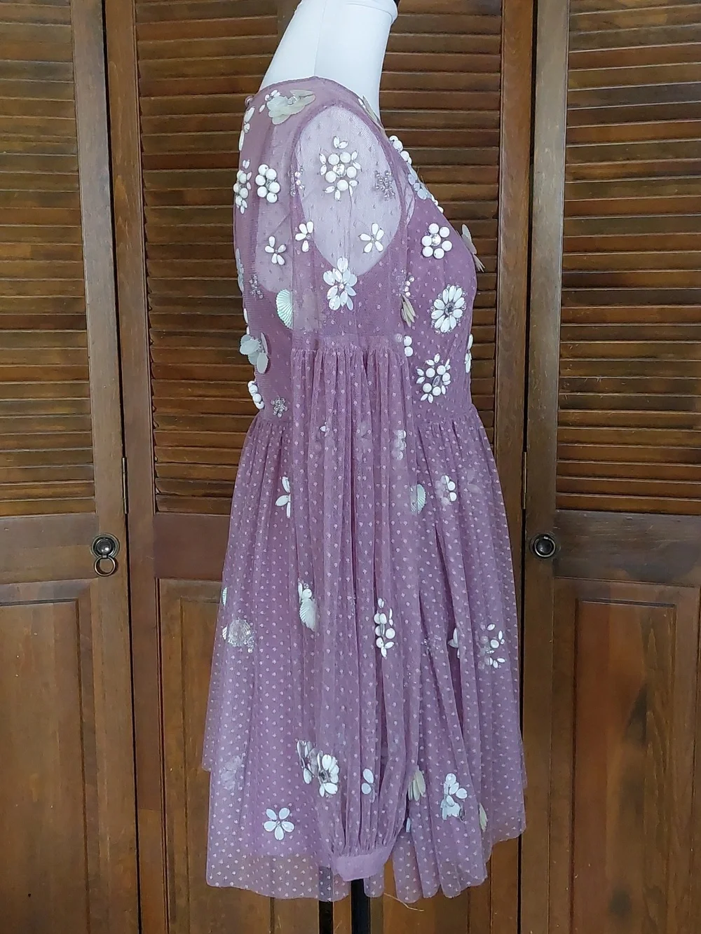 Asos Purple Floral Cluster Embellished Balloon Sleeve Mini Dress Sz 8 - Picture 4 of 15